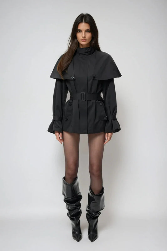 Savora Black Belted Short Trenchcoat