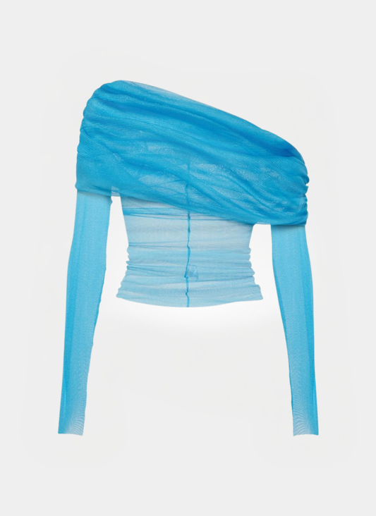 Azure Sheer Drapeli Off-Shoulder Bluz