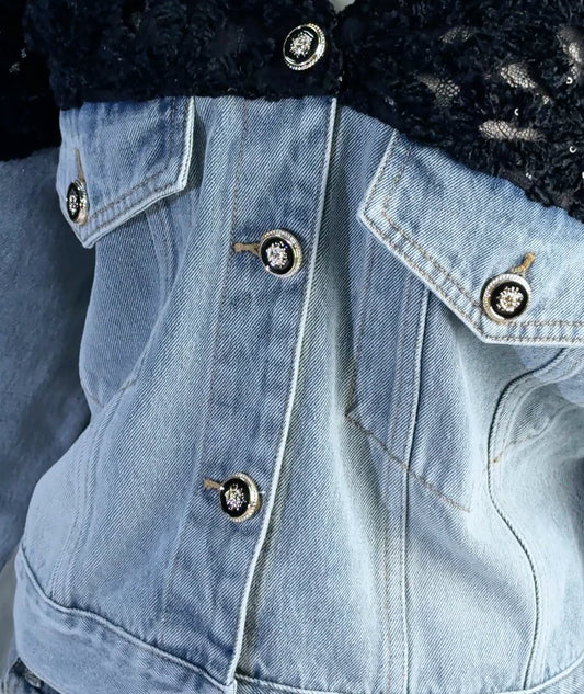 Lace Detail Denim Crop Ceket