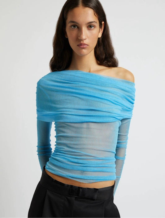 Azure Sheer Drapeli Off-Shoulder Bluz