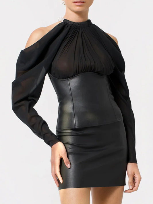 Draped Sheer Sleeve Leather Corset