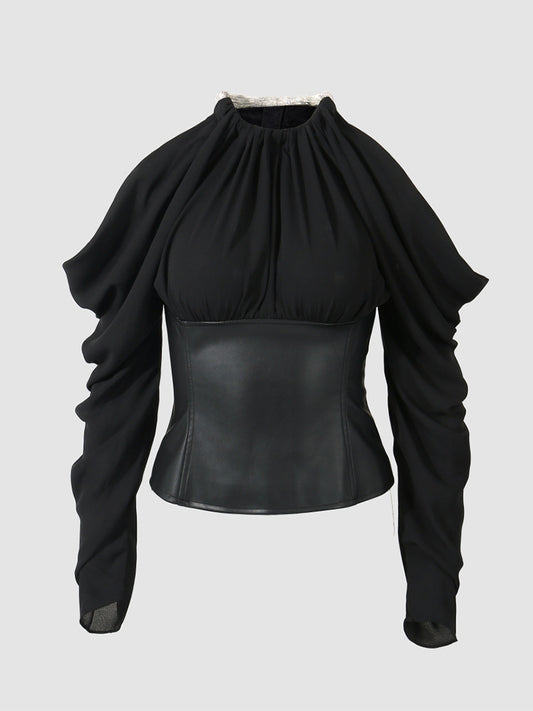 Draped Sheer Sleeve Leather Corset