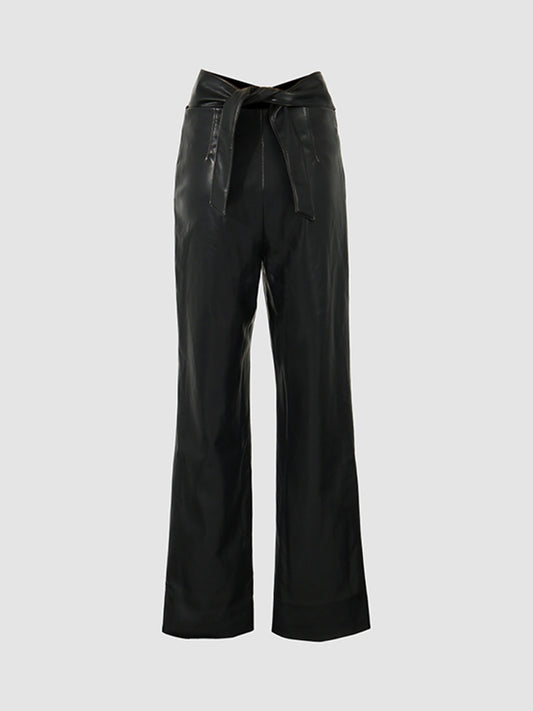 Cross Waist Faux Leather Pants