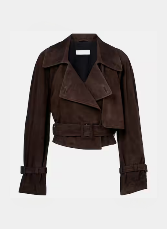 Mocha Suede Belted Crop Ceket