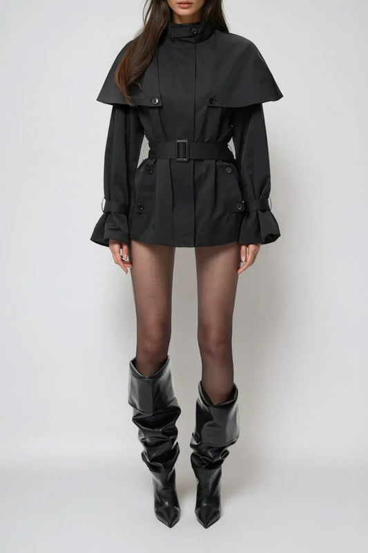 Savora Black Belted Short Trenchcoat
