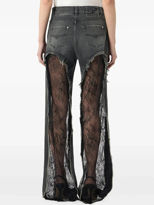 Noir Lace Panel Denim Pantolon