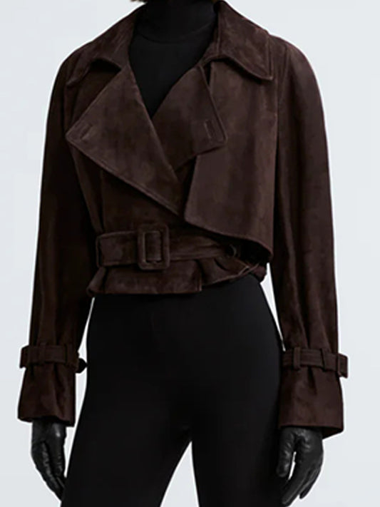 Mocha Suede Belted Crop Ceket
